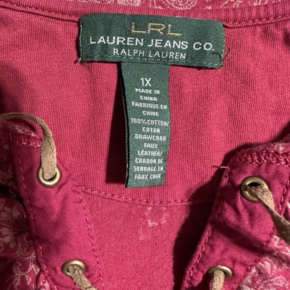 LRL Lauren Jeans Co Red Floral 3/4 Sleeve Lace Up Top Ruffle Women’s Size 1X - Picture 3 of 9